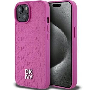 DKNY case for IPHONE 15 compatible with MagSafe DKHMP15SPSHRPSP (DKNY HC MagSafe Pu Repeat Pattern W/Stack Logo) pink