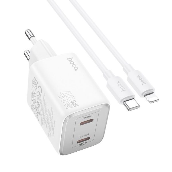 HOCO charger 2 x Type C +  cable Type C to Lightning PD QC 45W GaN N42 white