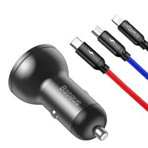 BASEUS car charger 2 x USB A with digital display + cable 3in1 Micro USB / Lightning / Type C 4