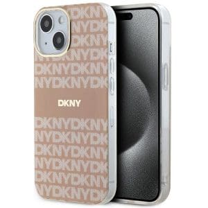 DKNY case for IPHONE 15 Plus compatible with MagSafe DKHMP15MHRHSEP (DKNY HC MagSafe PC TPU Repeat Texture Pattern W/ Stripe) pink