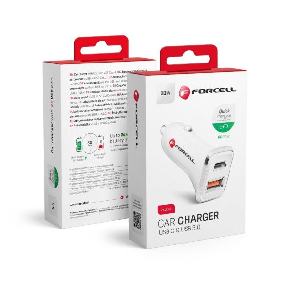 FORCELL car charger USB 3.0 + USB C Quick Charging + Power Delivery PD20W 4A CC-QCPD01 white
