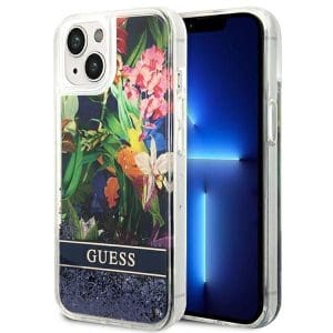 GUESS case for IPHONE 13 / 14 / 15 GUHCP14SLFLSB (Flower Liquid Glitter) blue