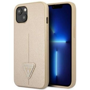 GUESS case for IPHONE 13 / 14 / 15 GUHCP14SPSATLE (SaffianoTriangle Logo) beige