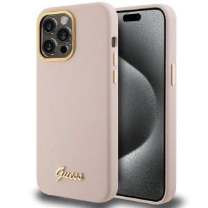 GUESS case for IPHONE 15 Pro GUHCP15LSMBSLP (Silicone Script Metal Logo & Frame) pink