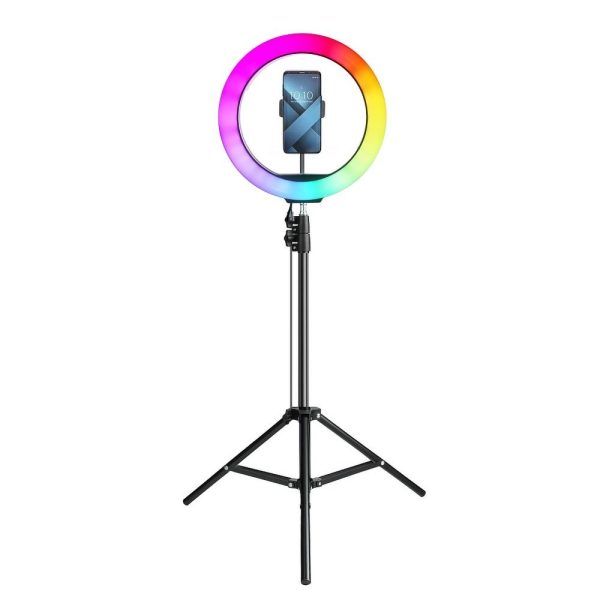 LED Ring Stream RGB lamp 12" FULL COLOR with holder for mobile + tripod black
