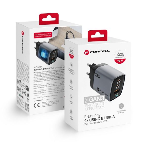FORCELL F-ENERGY GaN III VT-37 travel charger with display LCD 2 x Type C + USB A PD QC4.0 SAM SFC2.0 3