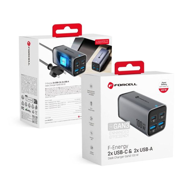FORCELL F-ENERGY GaN III VT-51 desktop charger 2 x Type C + 2 x USB A PD QC4.0 SFC2.0 5A 100W gray