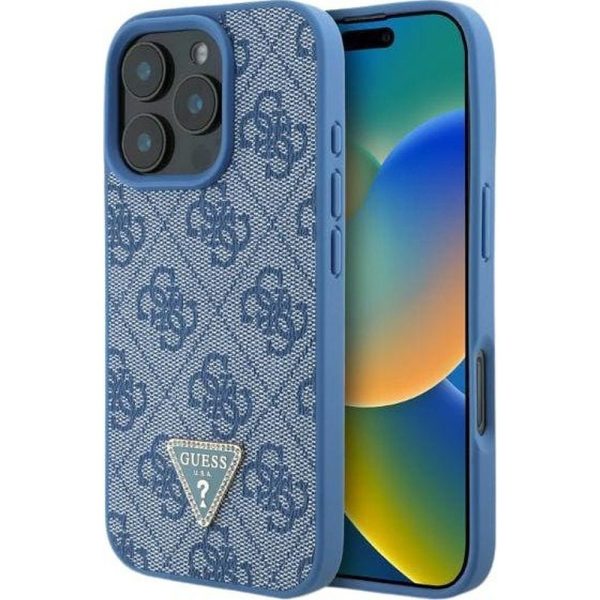 GUESS case for IPHONE 16 GUHCP16SP4TDPB (PU Leather 4G Triangle Strass) blue