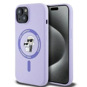 KARL LAGERFELD case for IPHONE 15 compatible with MagSafe KLHMP15SSCMKCRHU (Silicone KC Body Ring) purple