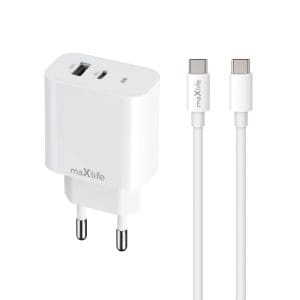 Maxlife MXTC-06-20AC PD QC charger 1x USB-C 1x USB 20W white + USB-C - USB-C cable -5907457738409