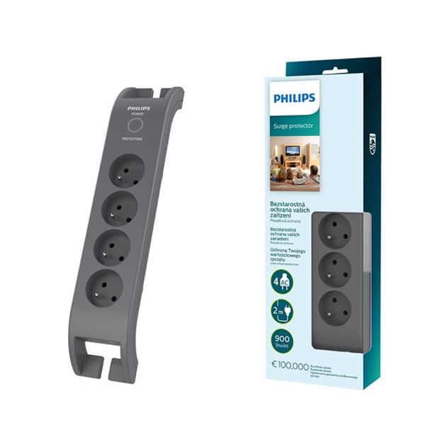 Anti-surge power strip PHILIPS extension cord 4 sockets 2m 10A black