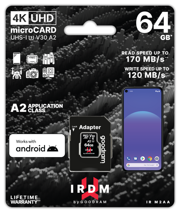 GoodRam memory card IRDM 64GB microSD UHS-I U3 V30 with adapter