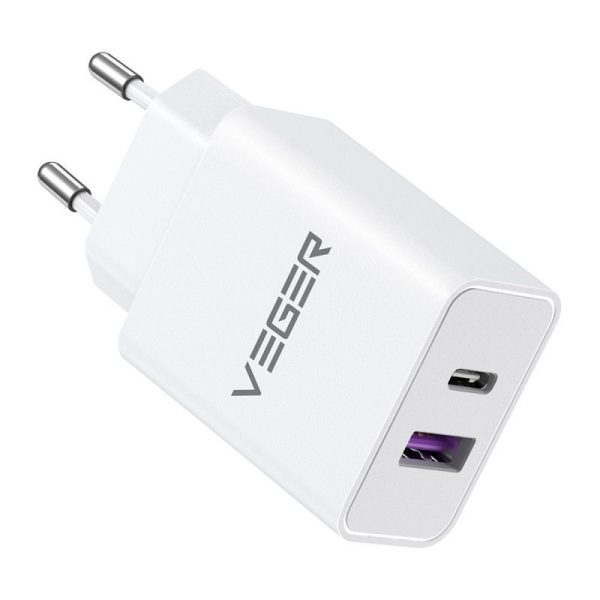 VEGER travel charger USB A + Type C PD QC3.0 3A 65W TCE650 white
