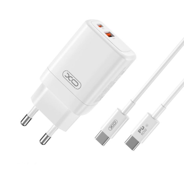 XO wall charger CE16 PD 45W 1x USB-C 1x USB white + cable USB-C - USB-C