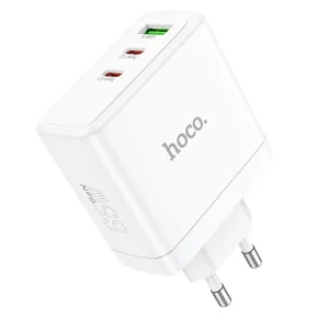 HOCO N30 φορτιστής ταξιδιού GaN, 2xType C + USB A, QC PD, 65W, λευκό