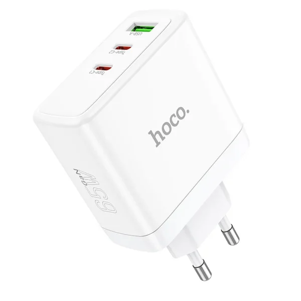 HOCO N30 φορτιστής ταξιδιού GaN, 2xType C + USB A, QC PD, 65W, λευκό