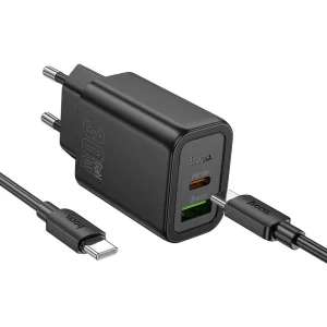 HOCO N63 φορτιστής ταξιδίου USB A + Type C + καλώδιο Type C σε Type C PD QC3.0, 3A, 30W, μαύρο