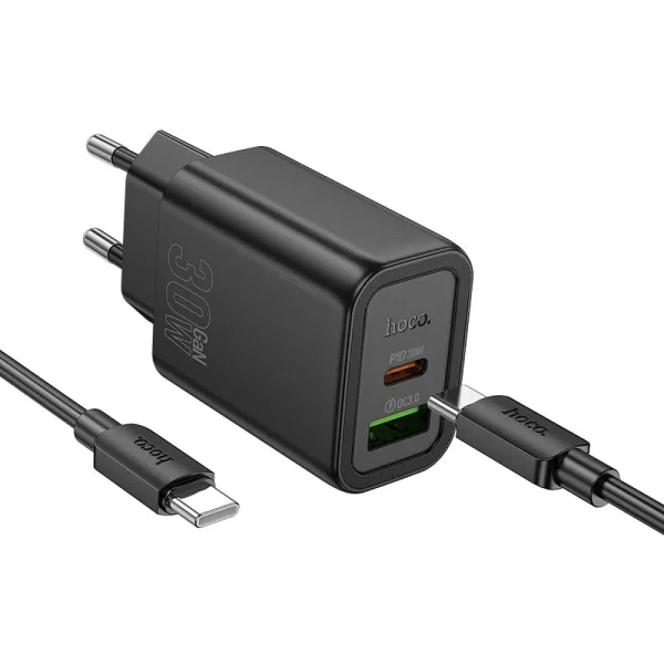 HOCO N63 φορτιστής ταξιδίου USB A + Type C + καλώδιο Type C σε Type C PD QC3.0, 3A, 30W, μαύρο