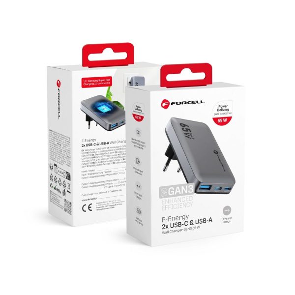 FORCELL F-ENERGY GaN VT-47 Ultra Slim travel charger 2 x Type C + USB A PD QC4.0 4A 65W gray