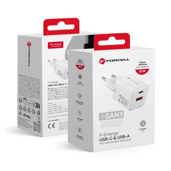FORCELL F-ENERGY Mini GaN III VT-25B travel charger with 1 x Type C + 1x USB A sockets